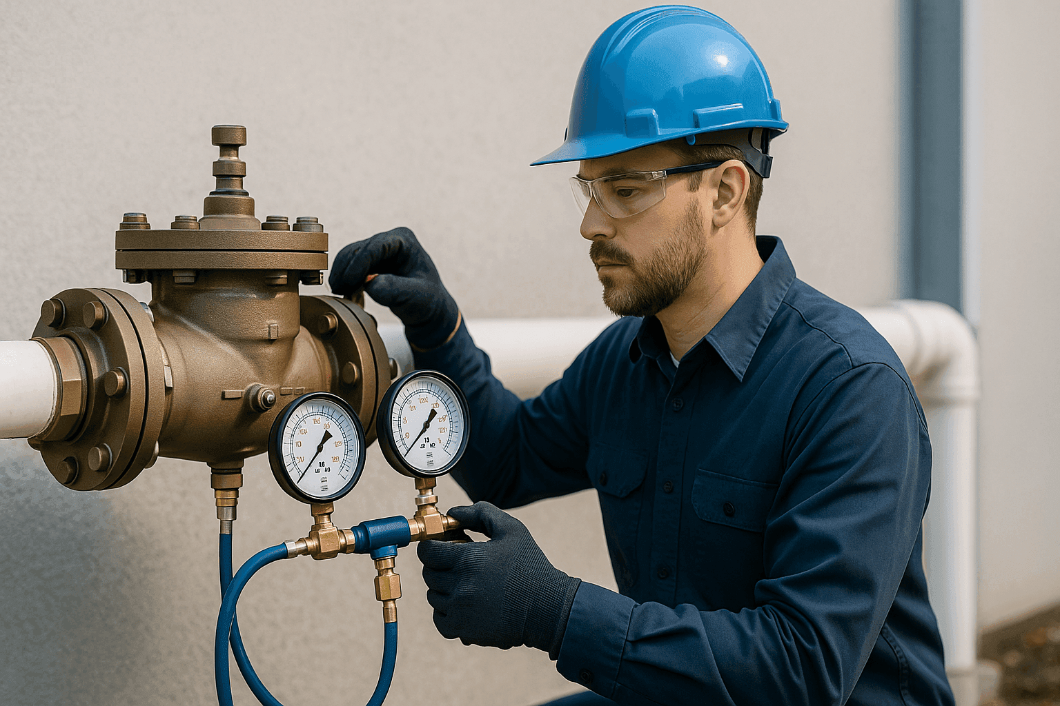 Plomero probando una válvula de prevención de retorno comercial