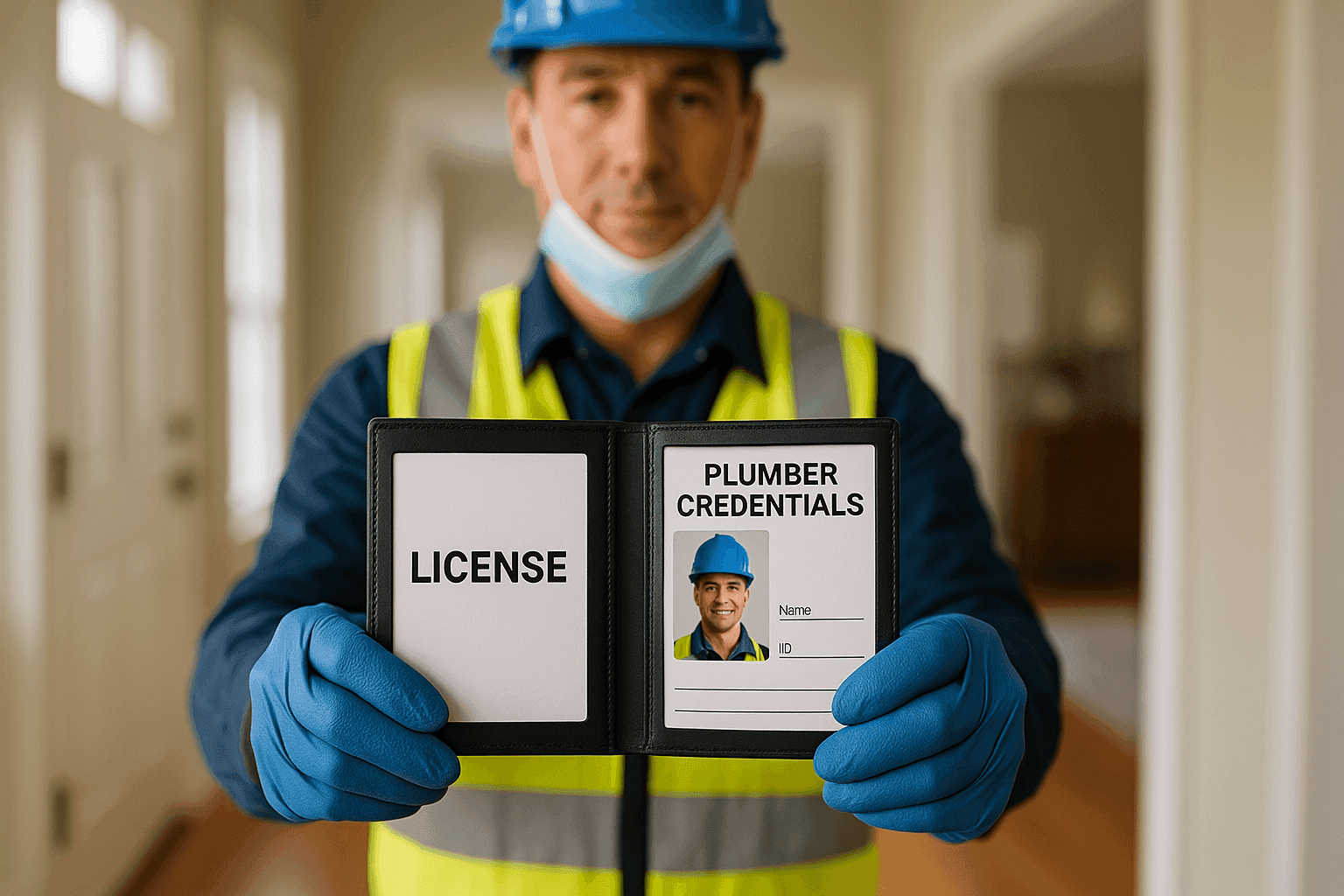 Plomero mostrando licencia y credenciales al propietario en la entrada