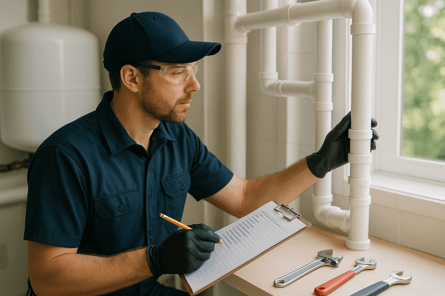 Professional plumber performing maintenance on home plumbing pipes in utility room