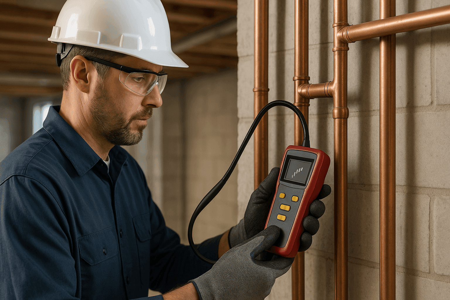 Plomero usando herramienta electrónica de detección de fugas en una tubería del sótano
