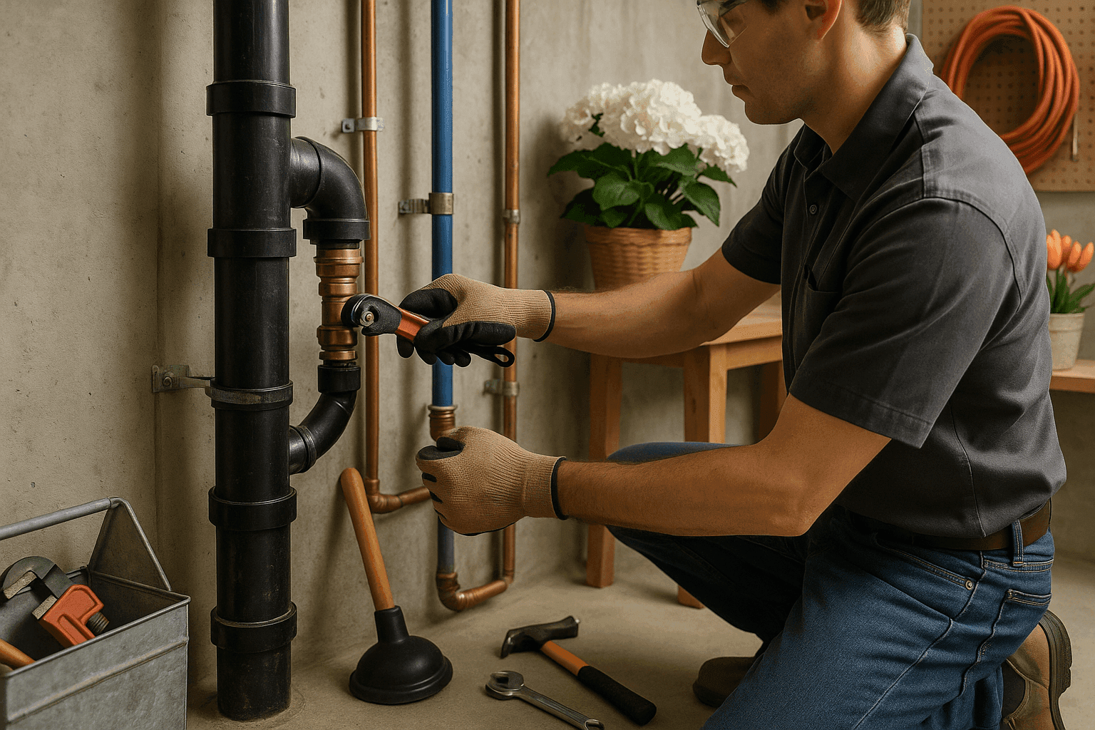 Homeowner performing seasonal plumbing maintenance inspection in basement