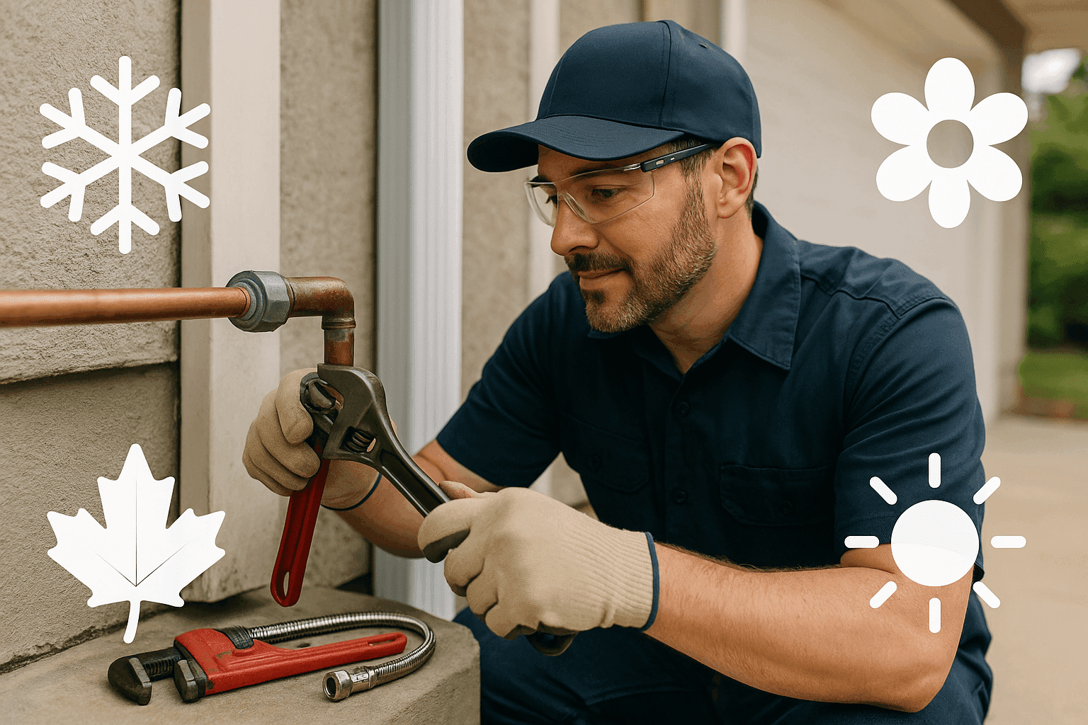 Plumber inspecting water pipe with seasonal maintenance icons